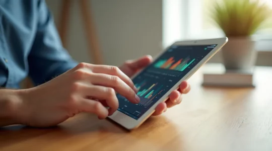 Responsable RH analysant le tableau de bord stratégique des formations autour d'une table de réunion épurée