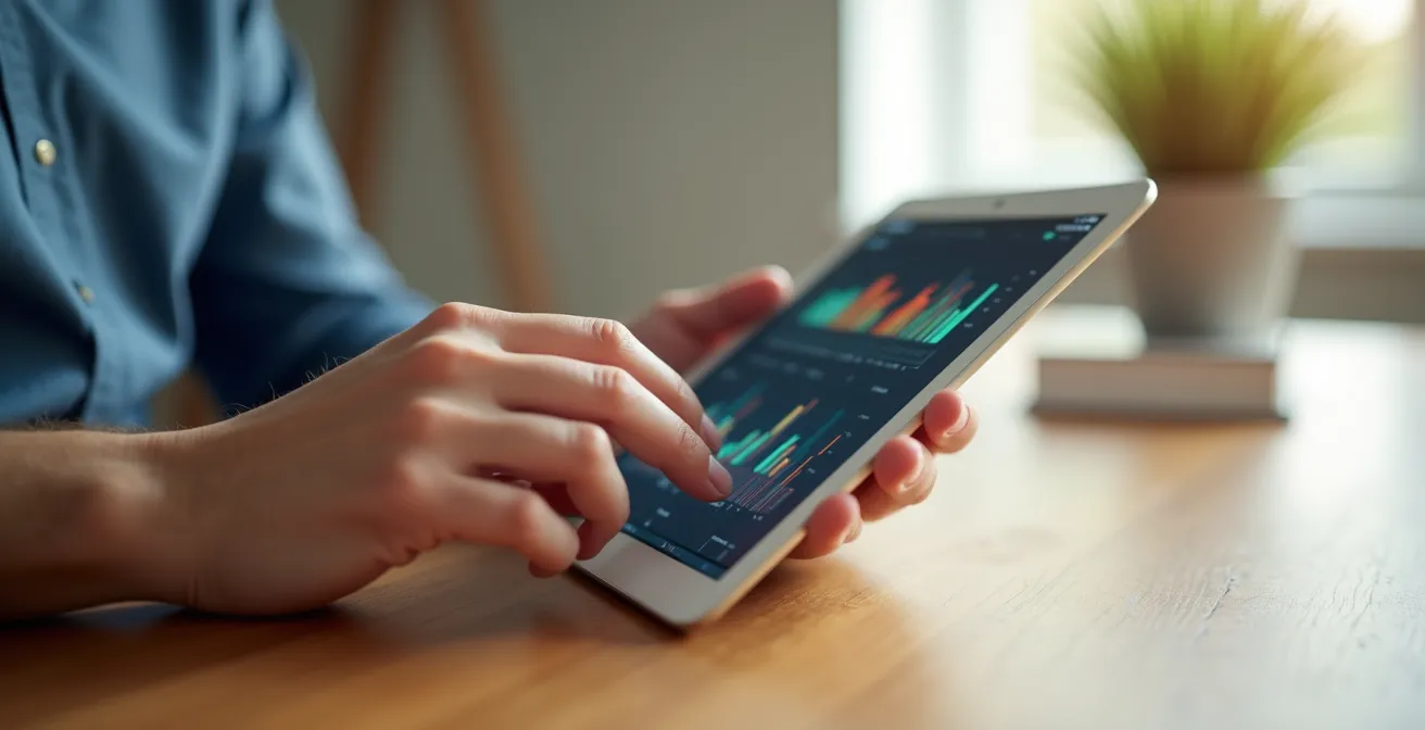 Responsable RH analysant le tableau de bord stratégique des formations autour d'une table de réunion épurée