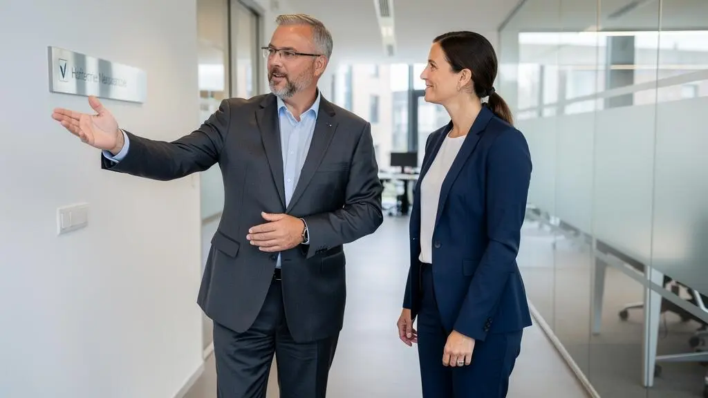 Consultant en recrutement accompagnant un candidat lors d'une visite dans des locaux d'entreprise en Allemagne