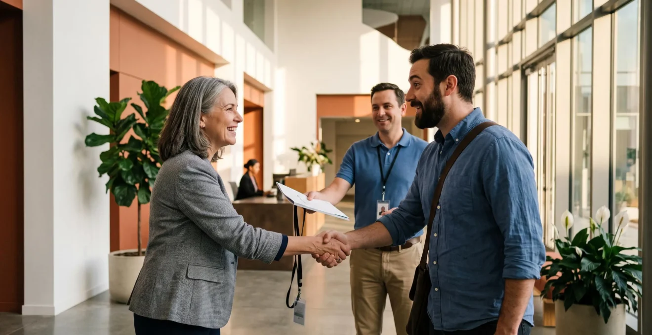 Une responsable RH accueille par une poignée de main un nouvel employé expatrié arrivant avec son sac dans le hall d'accueil lumineux d'une entreprise.