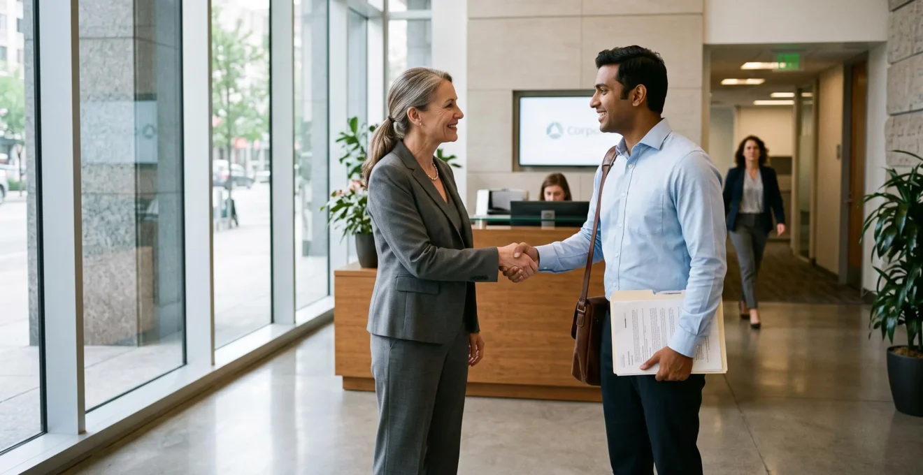Une responsable RH serre la main d'un nouvel employé expatrié à l'entrée d'une entreprise.