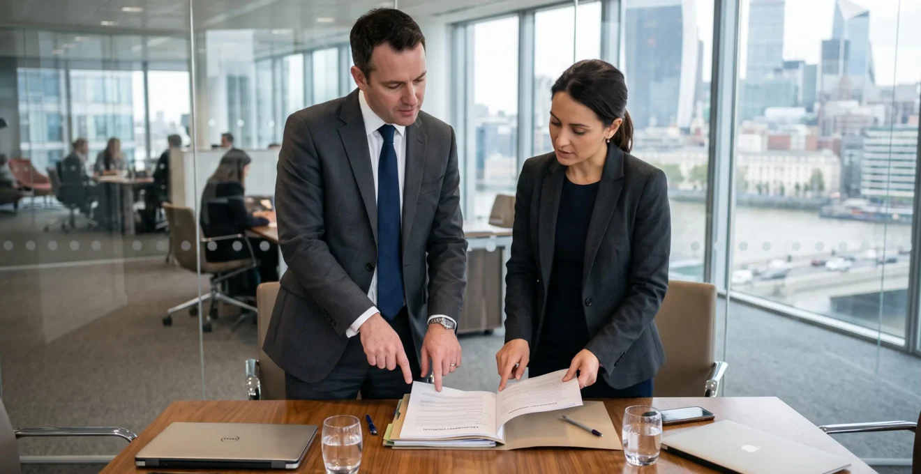 Un consultant en recrutement présente un contrat de prestation à une dirigeante d'entreprise dans une salle de réunion.