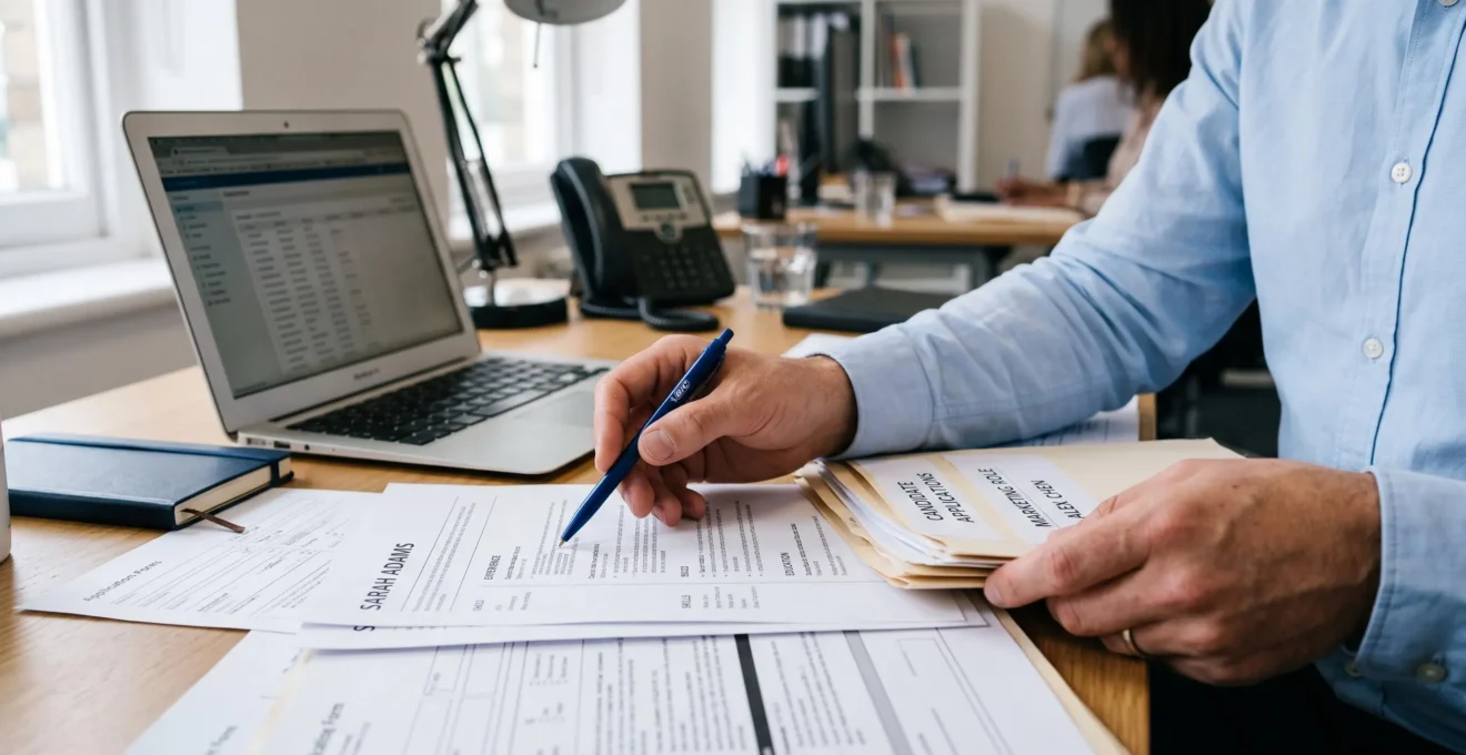 Les mains d'un consultant trient et comparent des dossiers de candidatures imprimés sur un bureau.