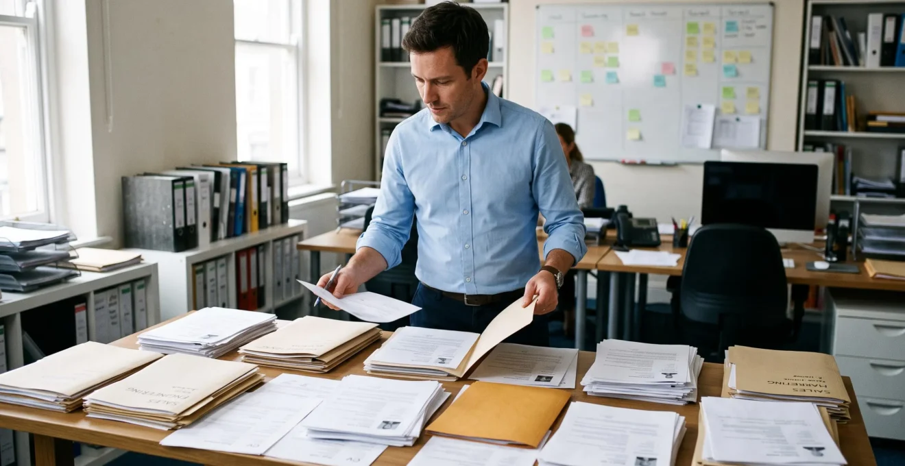 Un consultant debout trie et compare des dossiers de candidatures imprimés disposés sur une grande table dans un bureau de cabinet de recrutement.