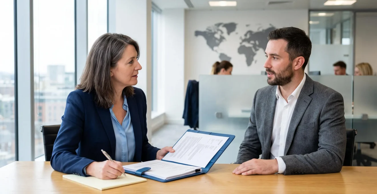 Une consultante en recrutement mène un entretien d'embauche avec un candidat dans un bureau professionnel lumineux.