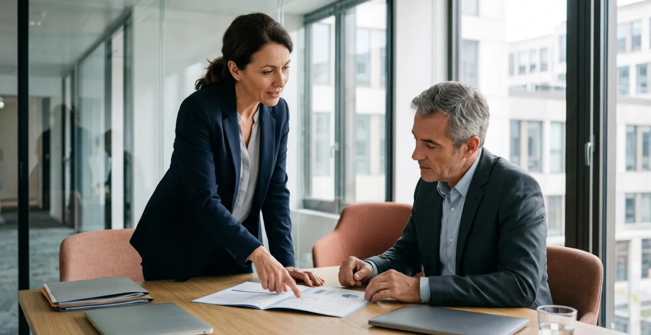 Une consultante en recrutement présente un dossier de candidat imprimé à un dirigeant d'entreprise assis, lors d'un entretien dans une salle de réunion moderne.