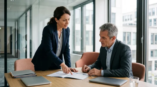 Une consultante en recrutement présente un dossier de candidat imprimé à un dirigeant d'entreprise assis, lors d'un entretien dans une salle de réunion moderne.