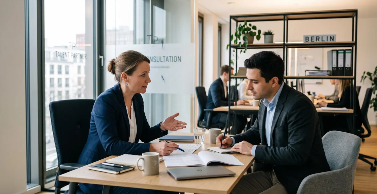 Consultation professionnelle entre un consultant en recrutement et un candidat dans un bureau de cabinet allemand