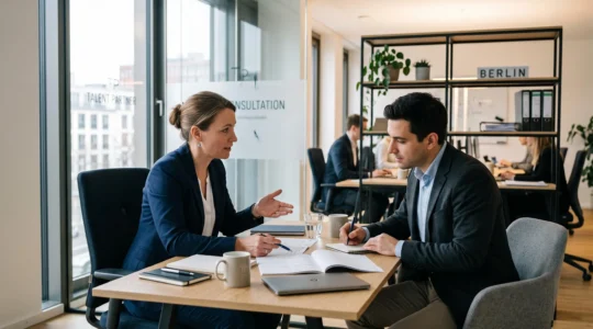 Consultation professionnelle entre un consultant en recrutement et un candidat dans un bureau de cabinet allemand