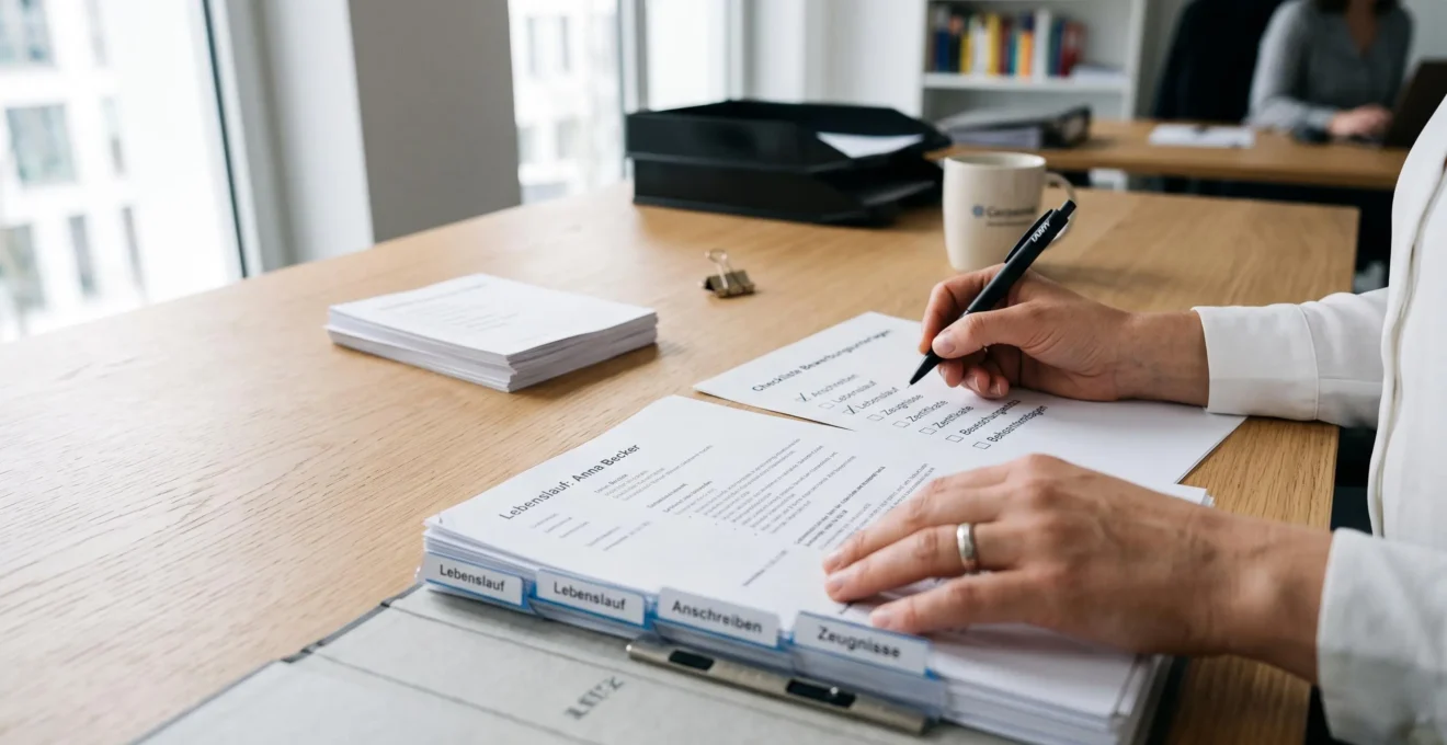 Mains d'un professionnel organisant méticuleusement un dossier de candidature structuré sur un bureau