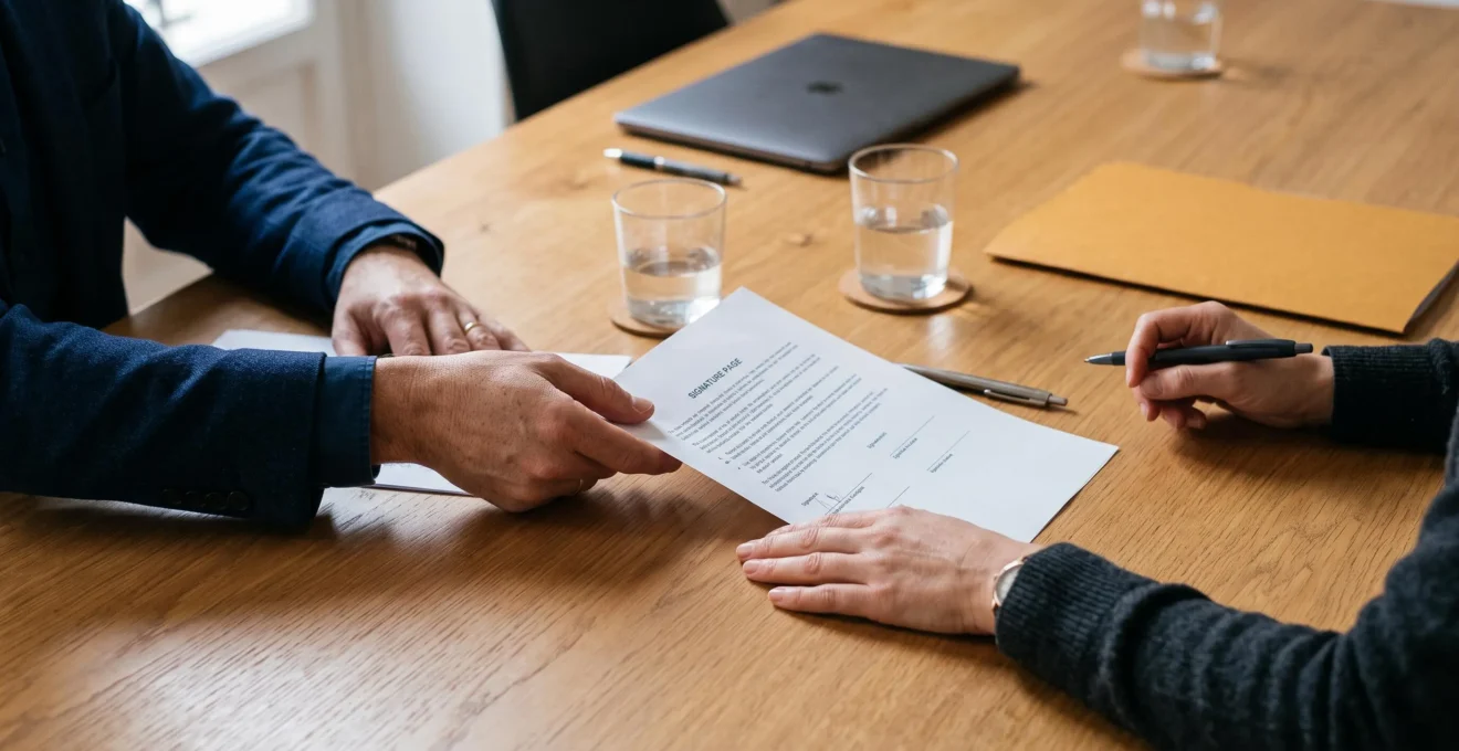 Gros plan sur les mains d'un consultant présentant un contrat imprimé à un dirigeant dont la main repose sur le document, avec un stylo prêt à signer sur la table.
