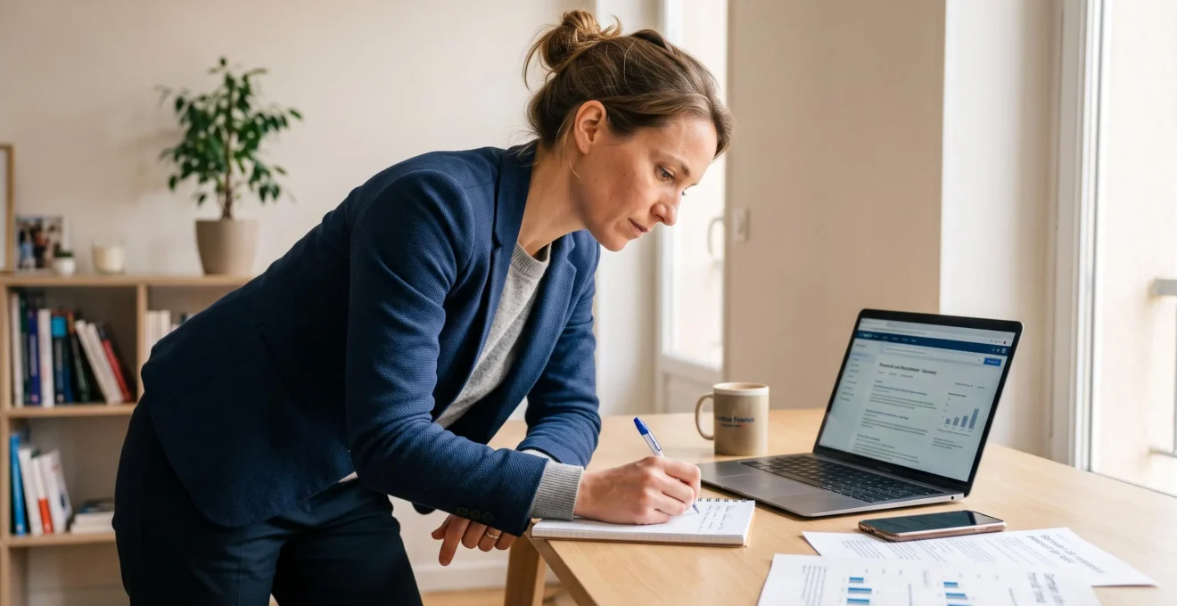 Professionnel francophone debout recherchant activement des informations sur les cabinets de recrutement allemands et prenant des notes